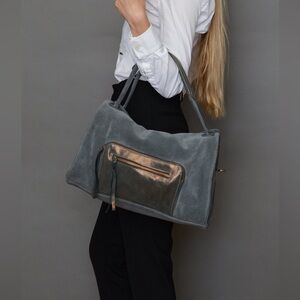 Carla Mancini Italian Nubuck Leather Shoulder Bag Gray Distressed Zip Tote